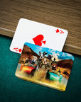 Custom personalized playing cards featuring multiple dogs in a colorful, cartoon-style portrait on a green felt table.