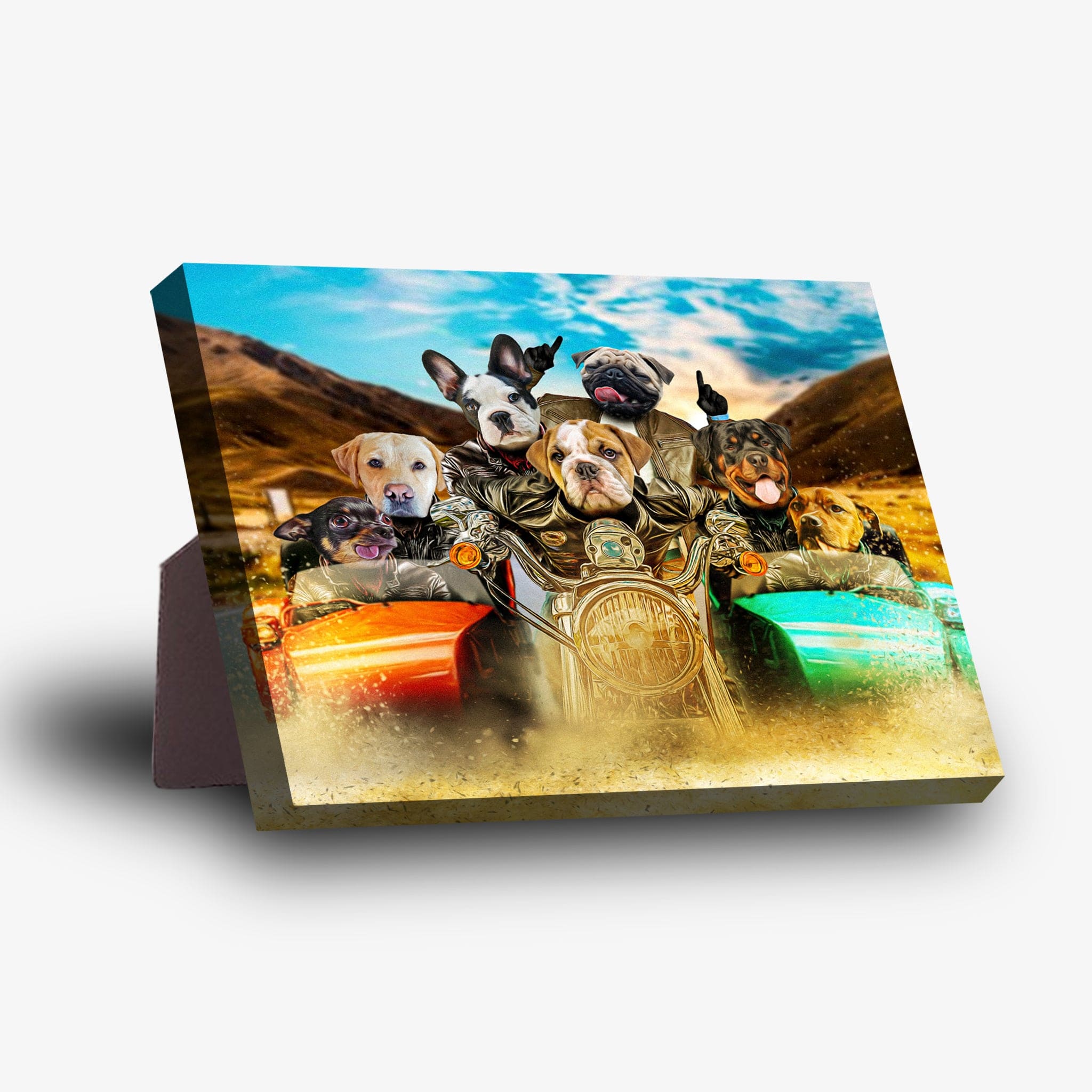 Personalized 7-pet standing canvas featuring dogs on a motorcycle with sidecars, desert background.