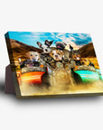 Personalized 7-pet standing canvas featuring dogs on a motorcycle with sidecars, desert background.