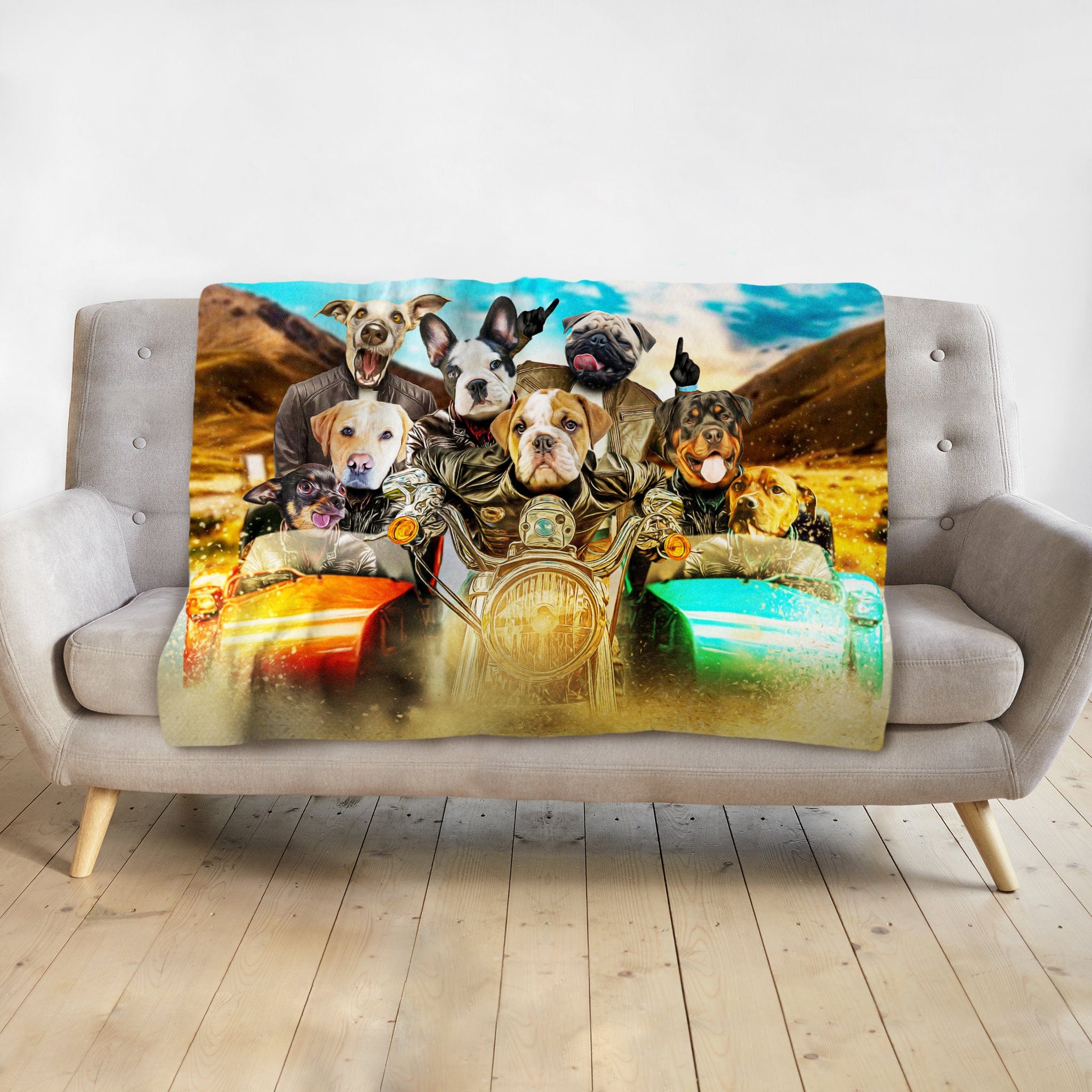 Personalized pet portrait blanket featuring 8 dogs on a motorcycle, "Harley Wooferson" design.