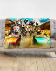 Personalized pet portrait blanket featuring 8 dogs on a motorcycle, "Harley Wooferson" design.