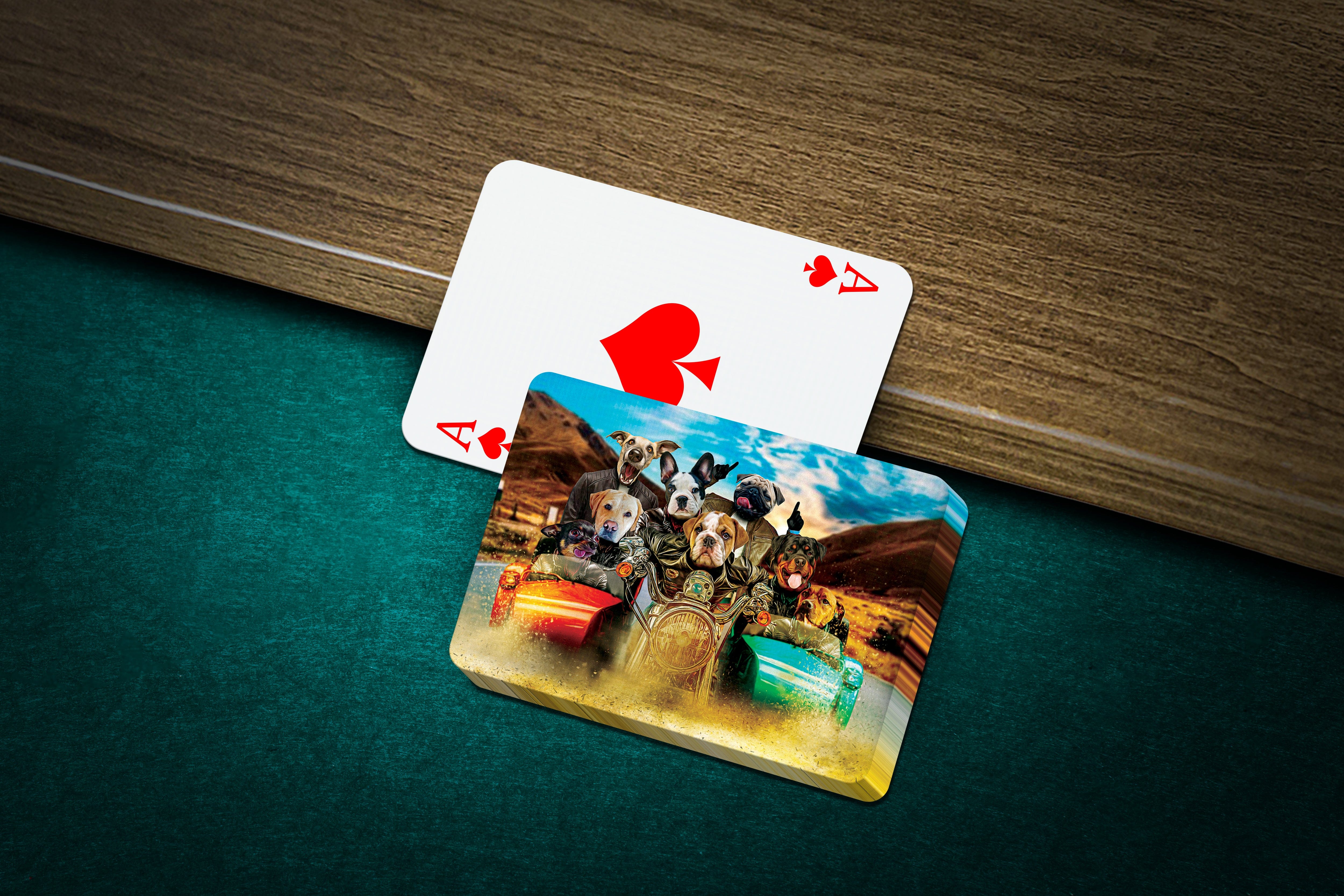 Personalized playing cards featuring a custom dog portrait of multiple pets in a sidecar motorcycle.