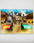 Personalized 'Harley Wooferson' poster featuring 8 custom pet portraits on a motorcycle with sidecars.