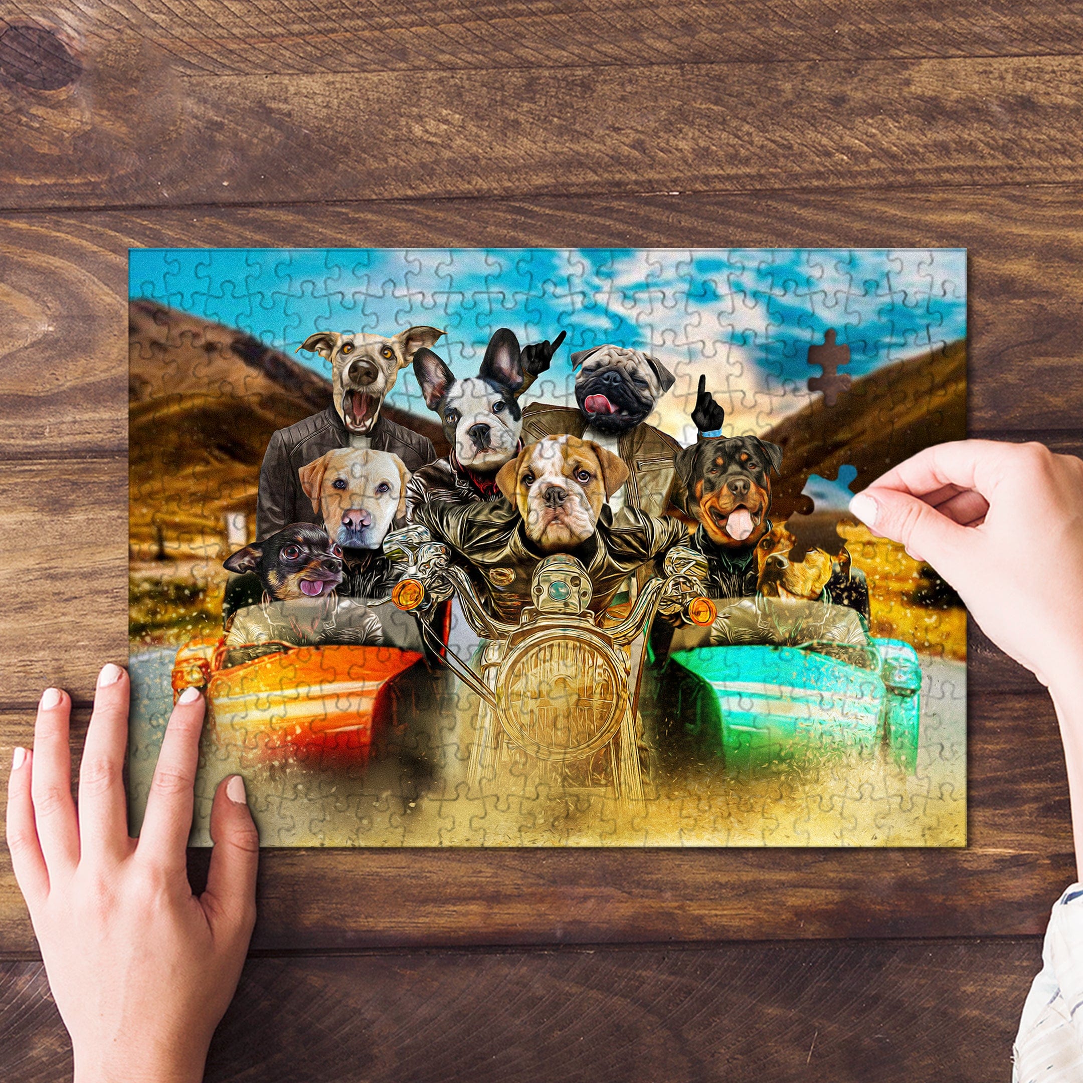Personalized 8-pet puzzle featuring dogs in a "Harley Wooferson" style, on a wooden surface.
