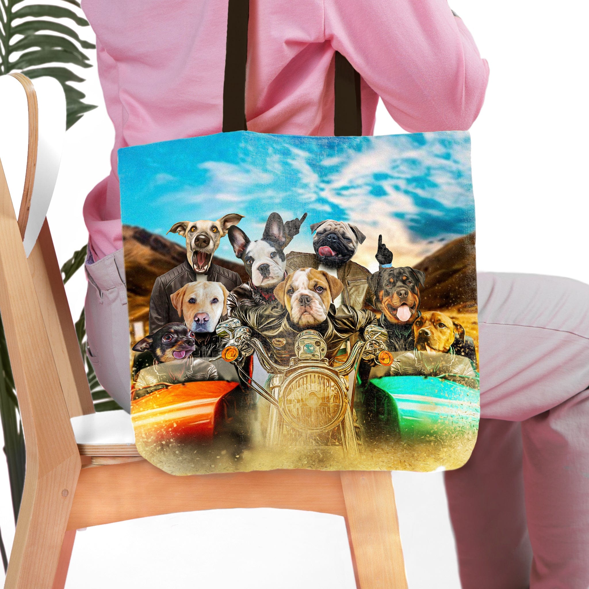 Personalized pet portrait tote bag featuring 8 dogs in a "Harley Wooferson" biker style.