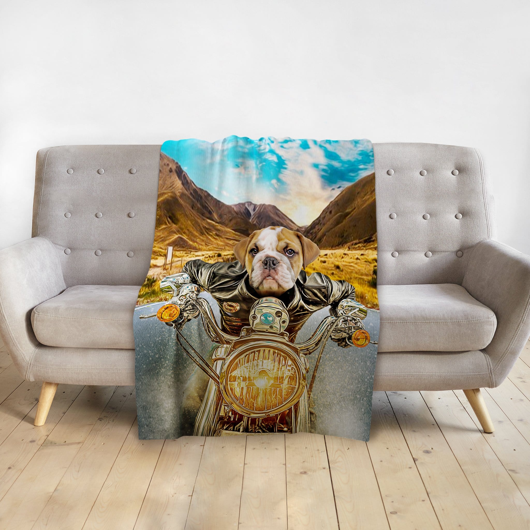 Personalized pet blanket with a bulldog in a leather jacket on a motorcycle, set against a mountain landscape.