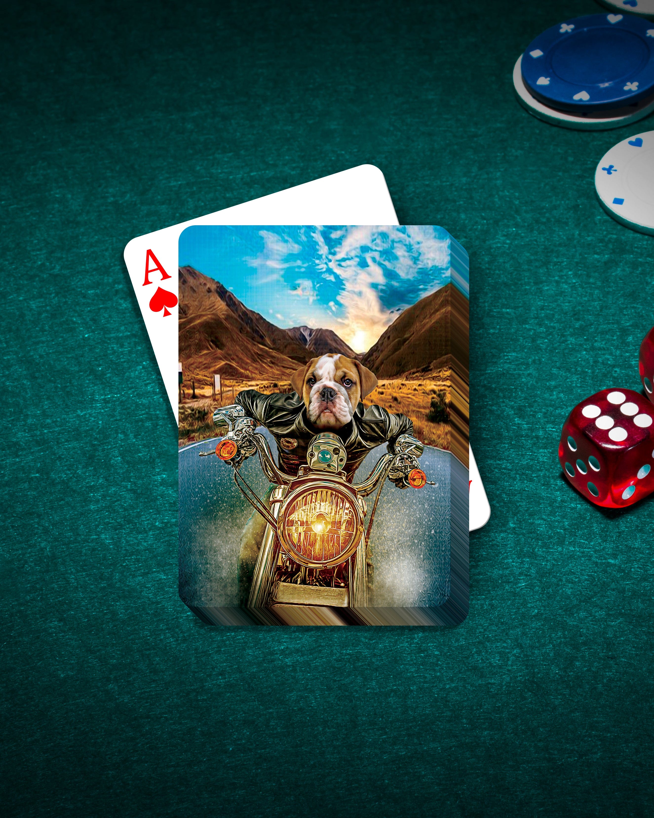 Personalized playing card featuring a dog in a leather jacket riding a motorcycle, on a green felt table with poker chips and dice.