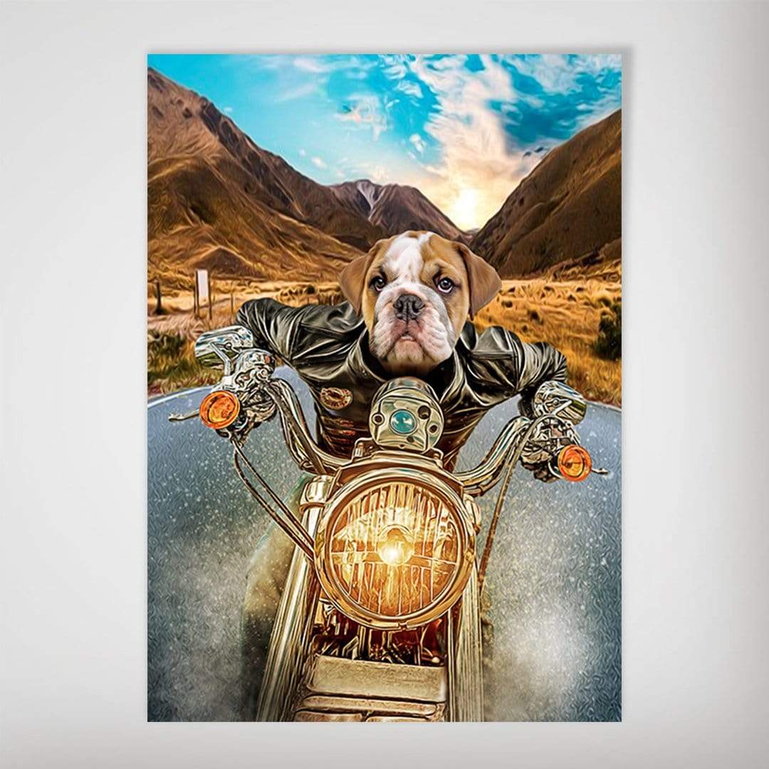 Personalized 'Harley Wooferson' pet poster featuring a bulldog in a leather jacket riding a motorcycle.