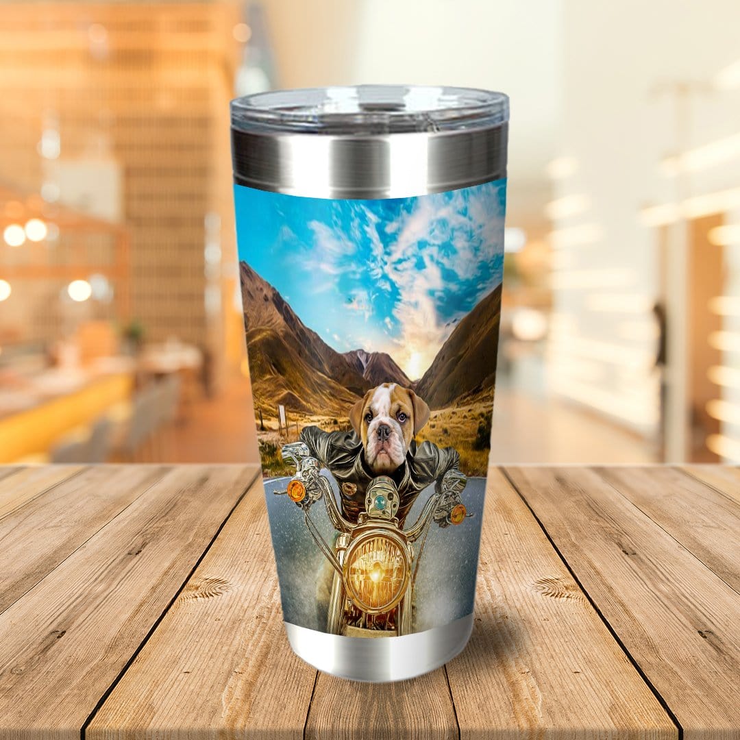 Personalized stainless steel tumbler with a custom bulldog pet portrait riding a motorcycle.