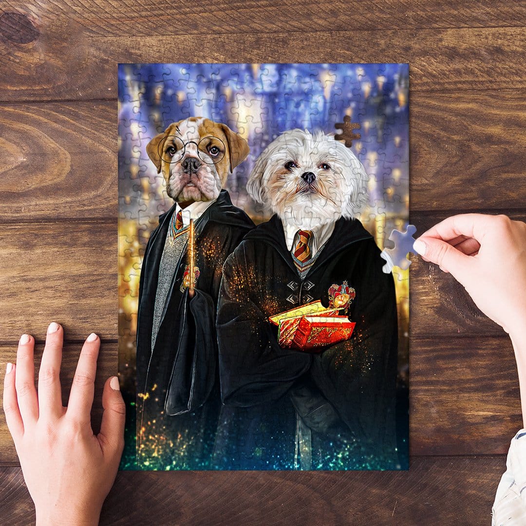 Personalized Harry Dogger 2 pet puzzle featuring two dogs in wizard robes, on a wooden table.