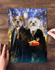 Personalized Harry Dogger 2 pet puzzle featuring two dogs in wizard robes, on a wooden table.