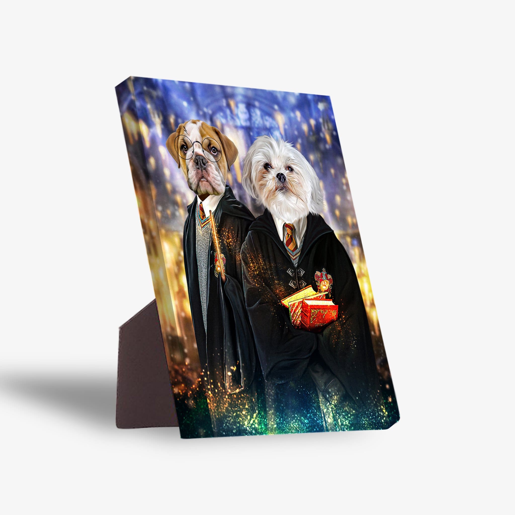 Personalized 'Harry Dogger 2' standing canvas featuring two pets in wizard robes, a bulldog and a Shih Tzu.