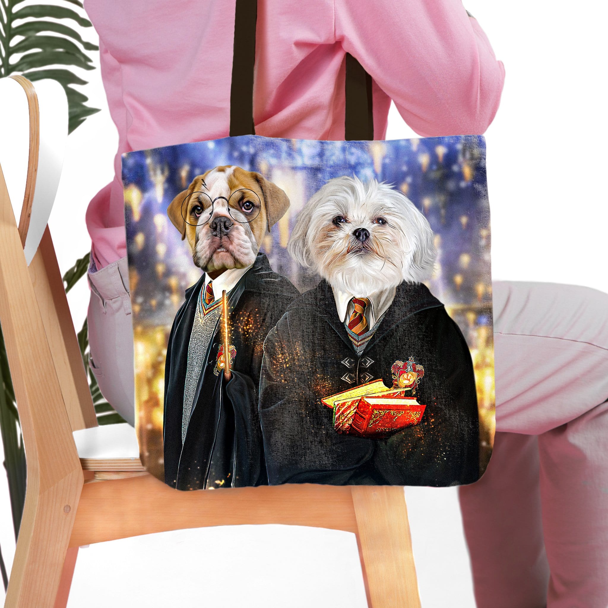 Personalized Harry Dogger 2-pet tote bag with custom dog portraits in wizard robes.