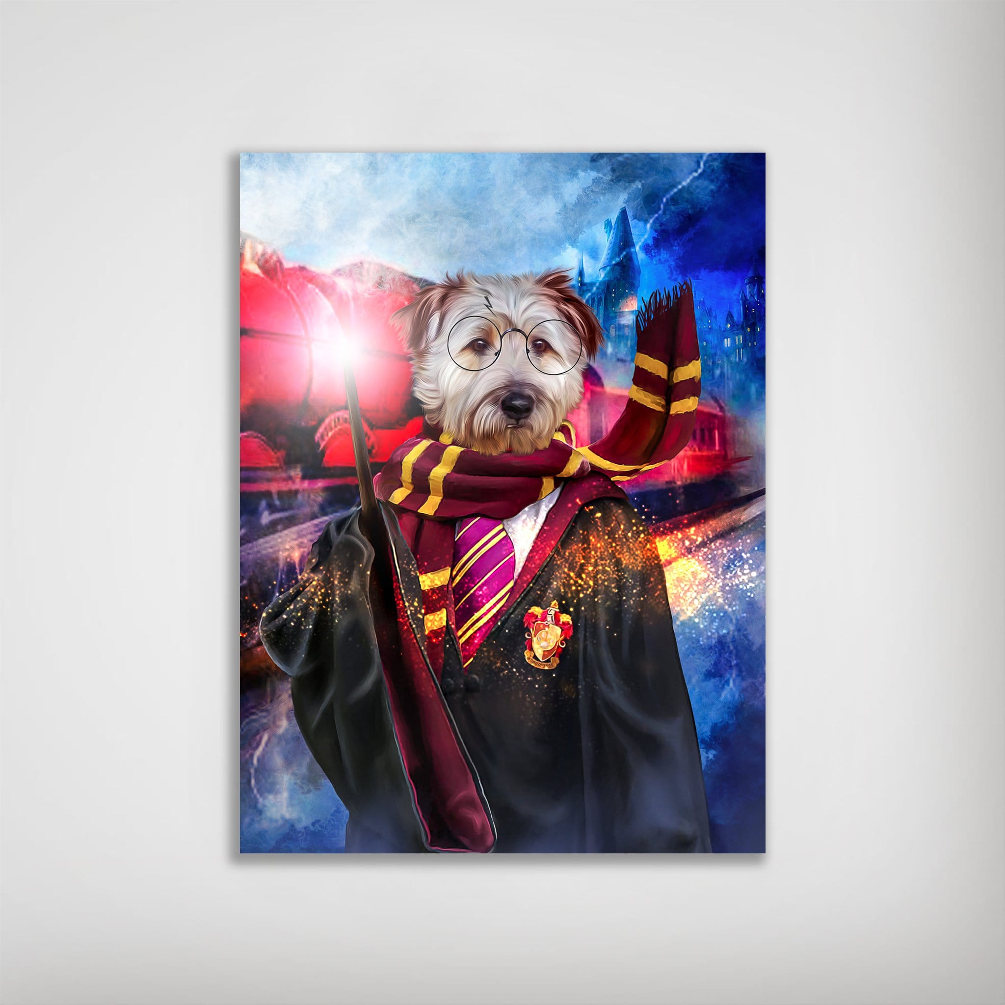 Personalized "Harry Dogger" poster featuring a dog in a wizard robe, glasses, and Gryffindor scarf, holding a glowing wand.