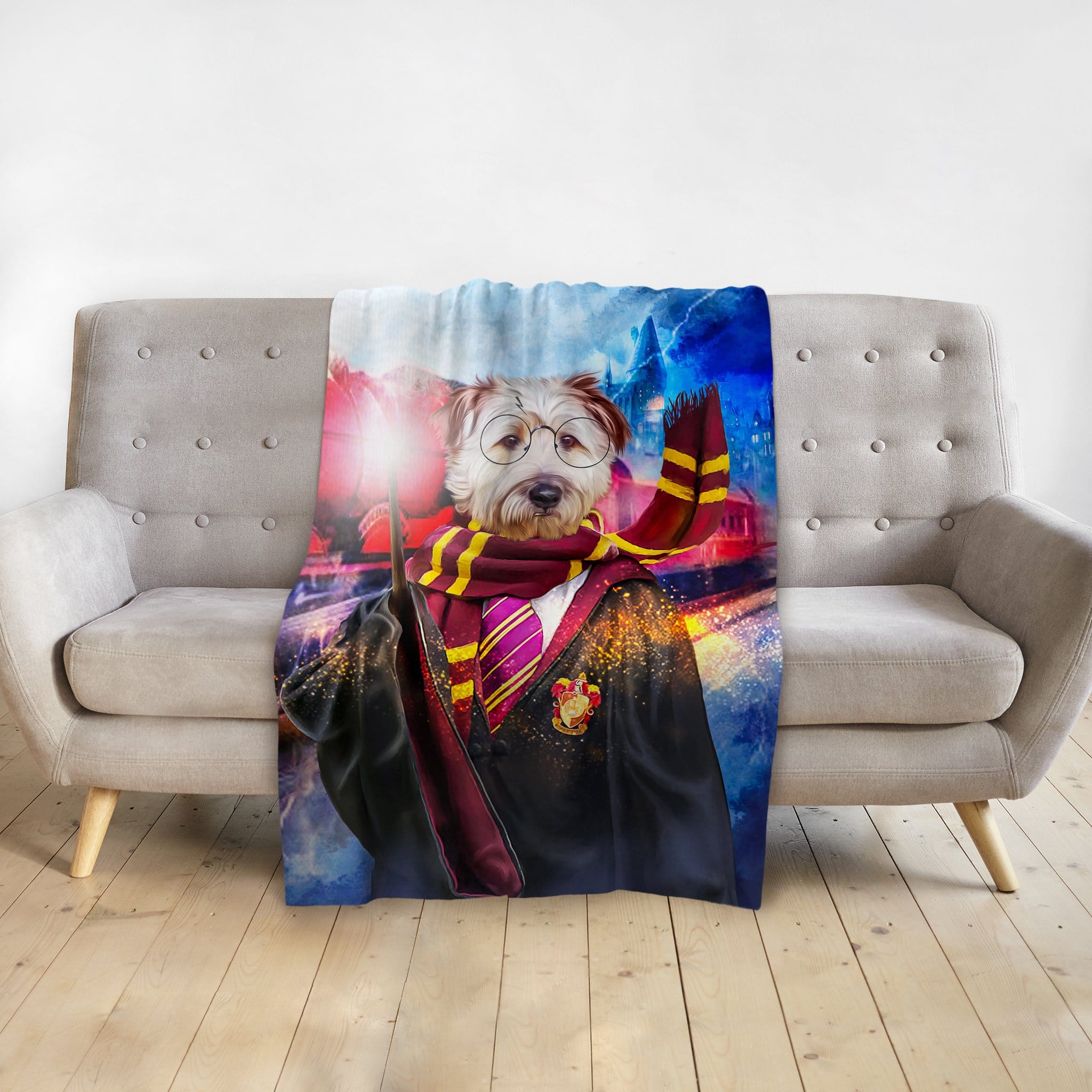 Personalized pet blanket with a dog in a "Harry Dogger" wizard portrait design.