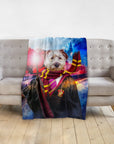 Personalized pet blanket with a dog in a "Harry Dogger" wizard portrait design.