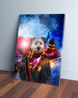 Personalized 'Harry Dogger' pet canvas featuring a white dog in wizard robes, glasses, and a striped scarf, holding a glowing wand.