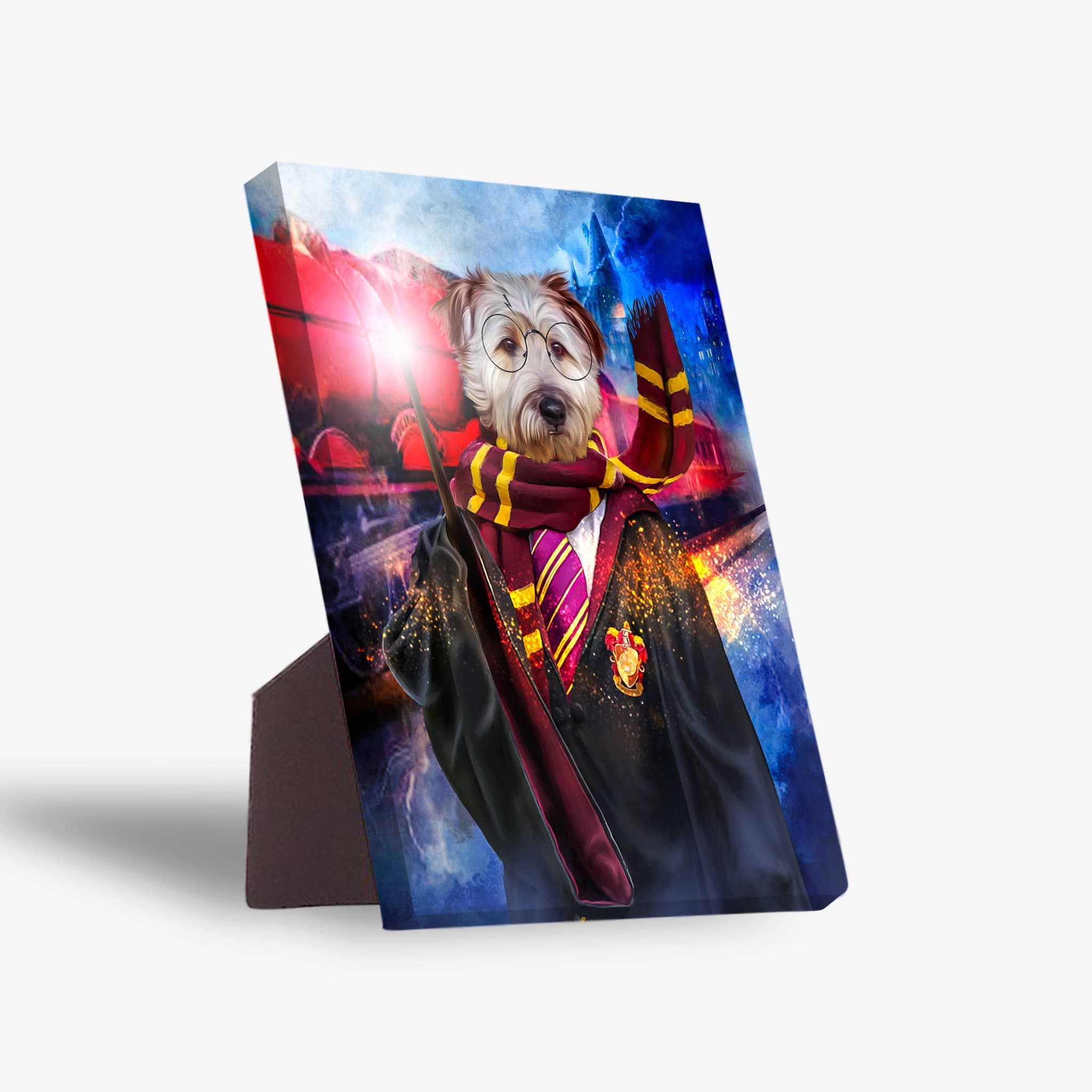 Personalized 'Harry Dogger' standing canvas featuring a white dog in a wizard robe, glasses, and striped scarf, holding a glowing wand.