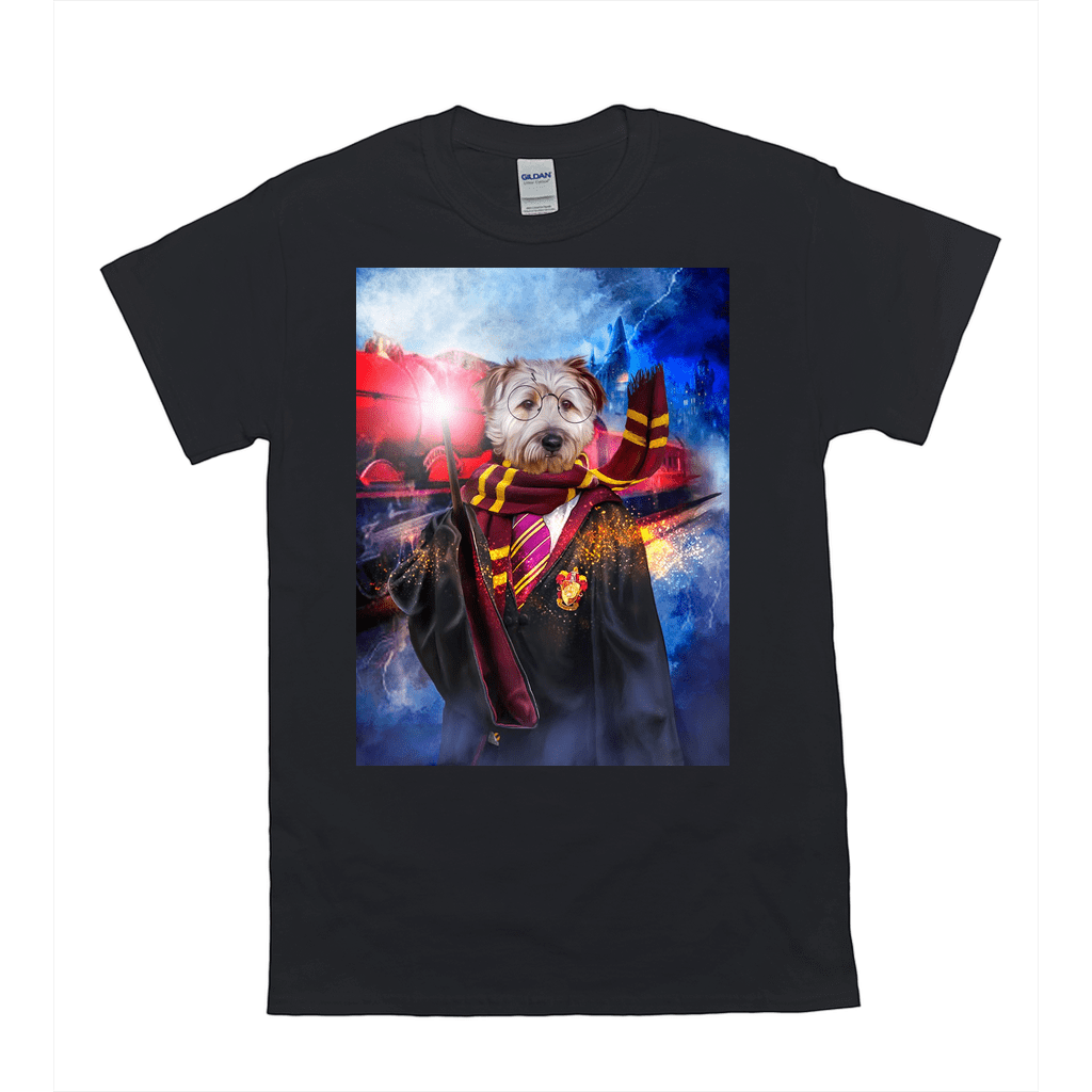 Black Gildan unisex t-shirt with a personalized pet portrait of a white dog dressed as Harry Potter.