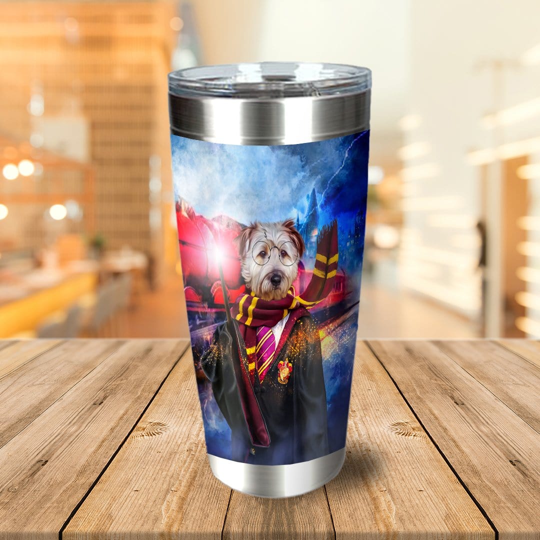 Personalized stainless steel tumbler with a dog portrait in a "Harry Dogger" wizard costume.