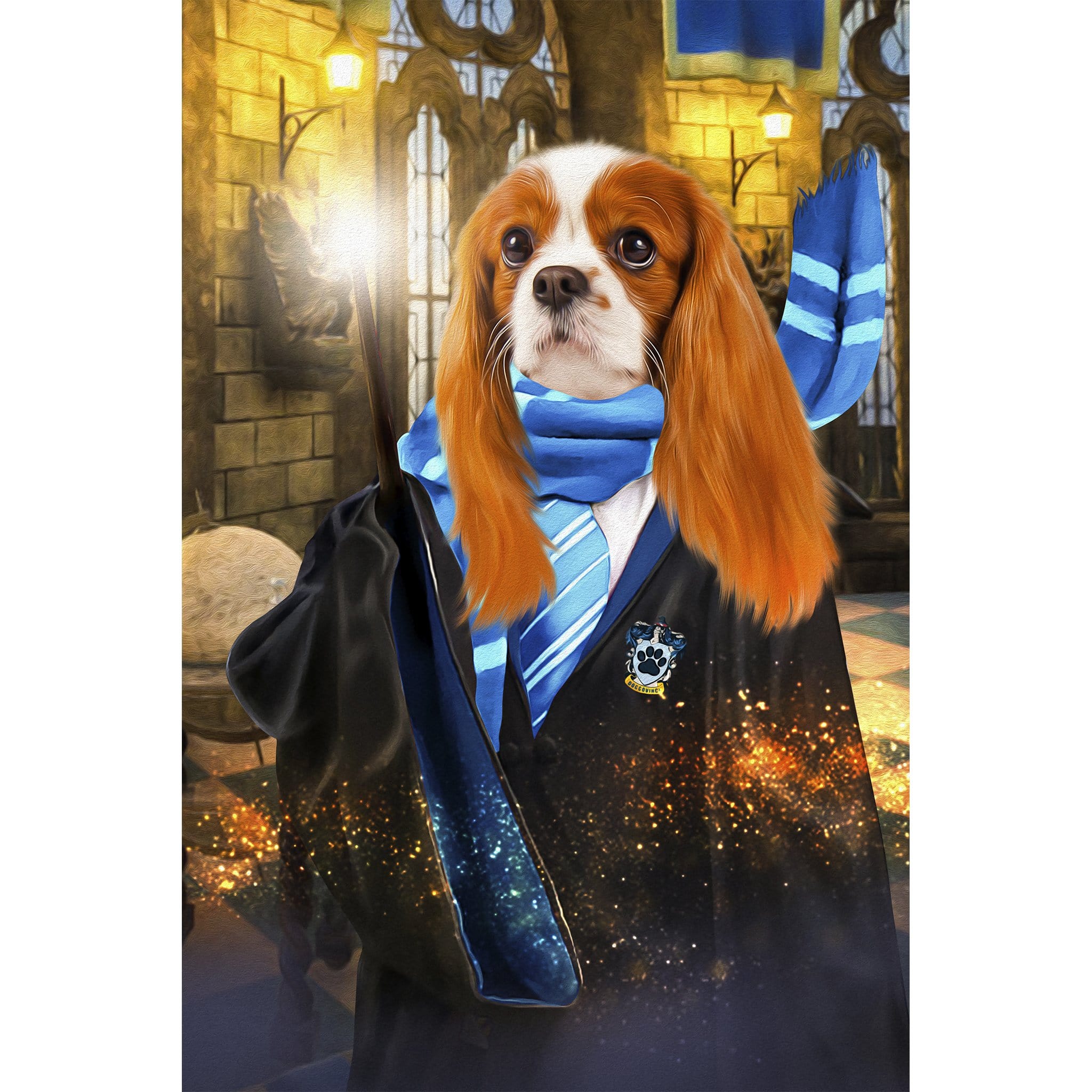 Custom digital portrait of a Cavalier King Charles Spaniel dog as Harry Dogger in RavenPaw robes.