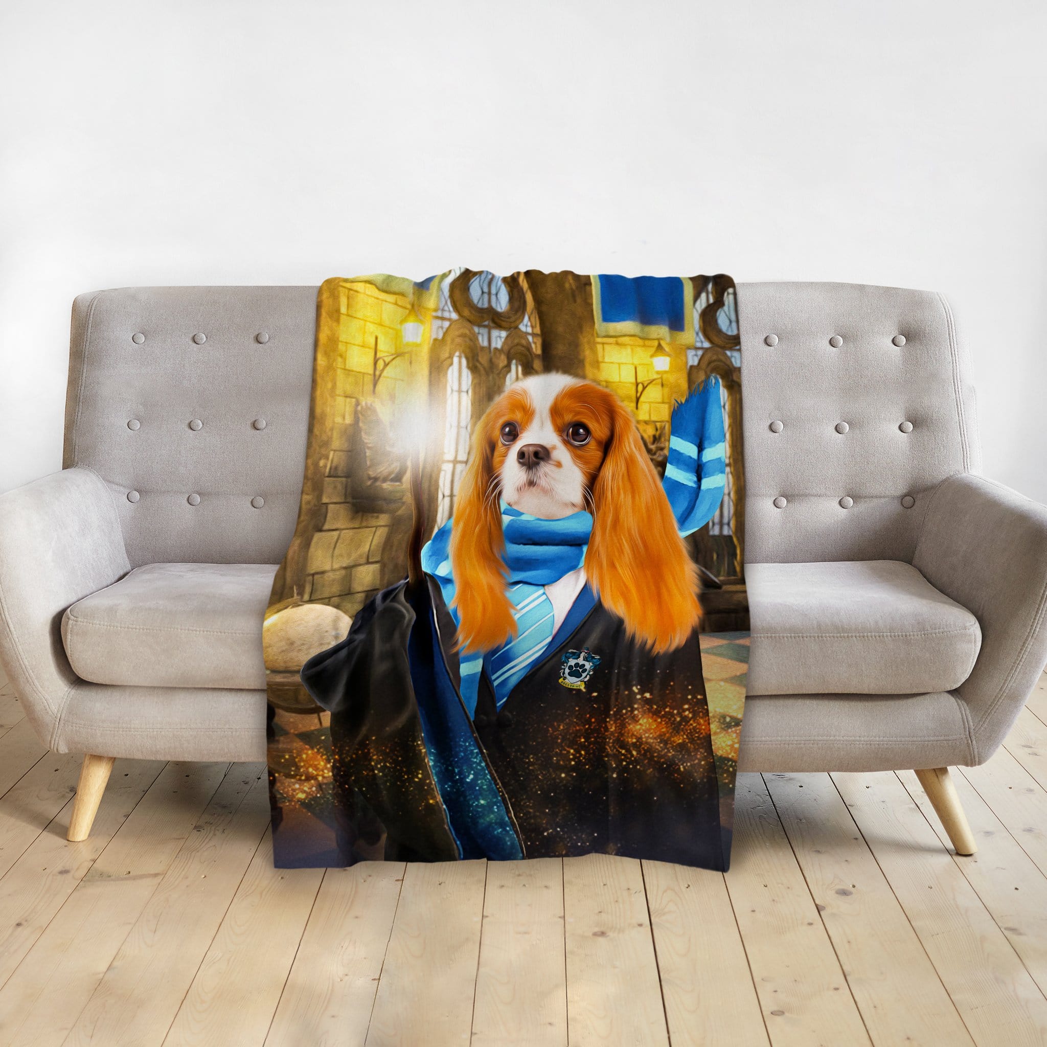 Personalized pet blanket with a Cavalier King Charles Spaniel in a blue RavenPaw wizard robe.