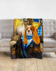 Personalized pet blanket with a Cavalier King Charles Spaniel in a blue RavenPaw wizard robe.