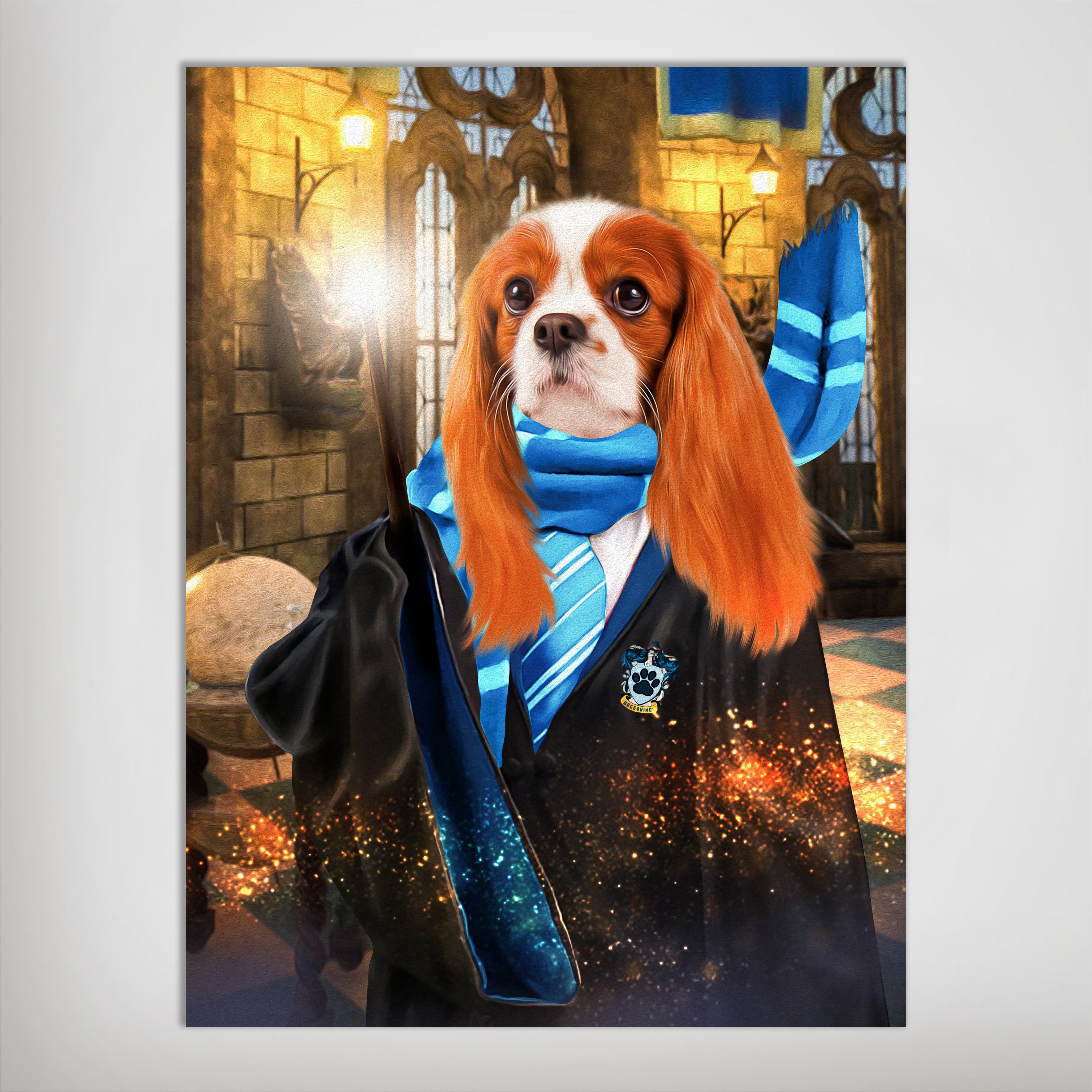 Personalized 'Harry Dogger (RavenPaw)' pet poster featuring a Cavalier King Charles Spaniel in a wizard robe and blue scarf, holding a glowing wand.