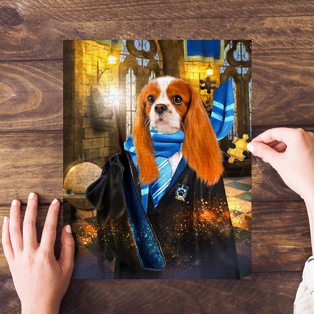 Personalized pet puzzle featuring a Cavalier King Charles Spaniel in a wizard robe and blue scarf.