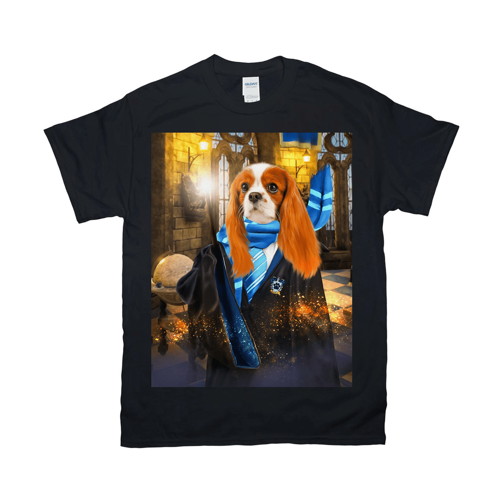 Black Gildan t-shirt with a Cavalier King Charles Spaniel in a blue RavenPaw wizard robe and scarf.