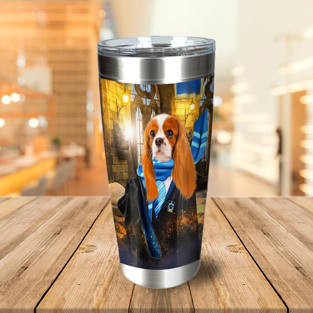 Personalized stainless steel tumbler with a Cavalier King Charles Spaniel in a wizard robe and blue scarf.