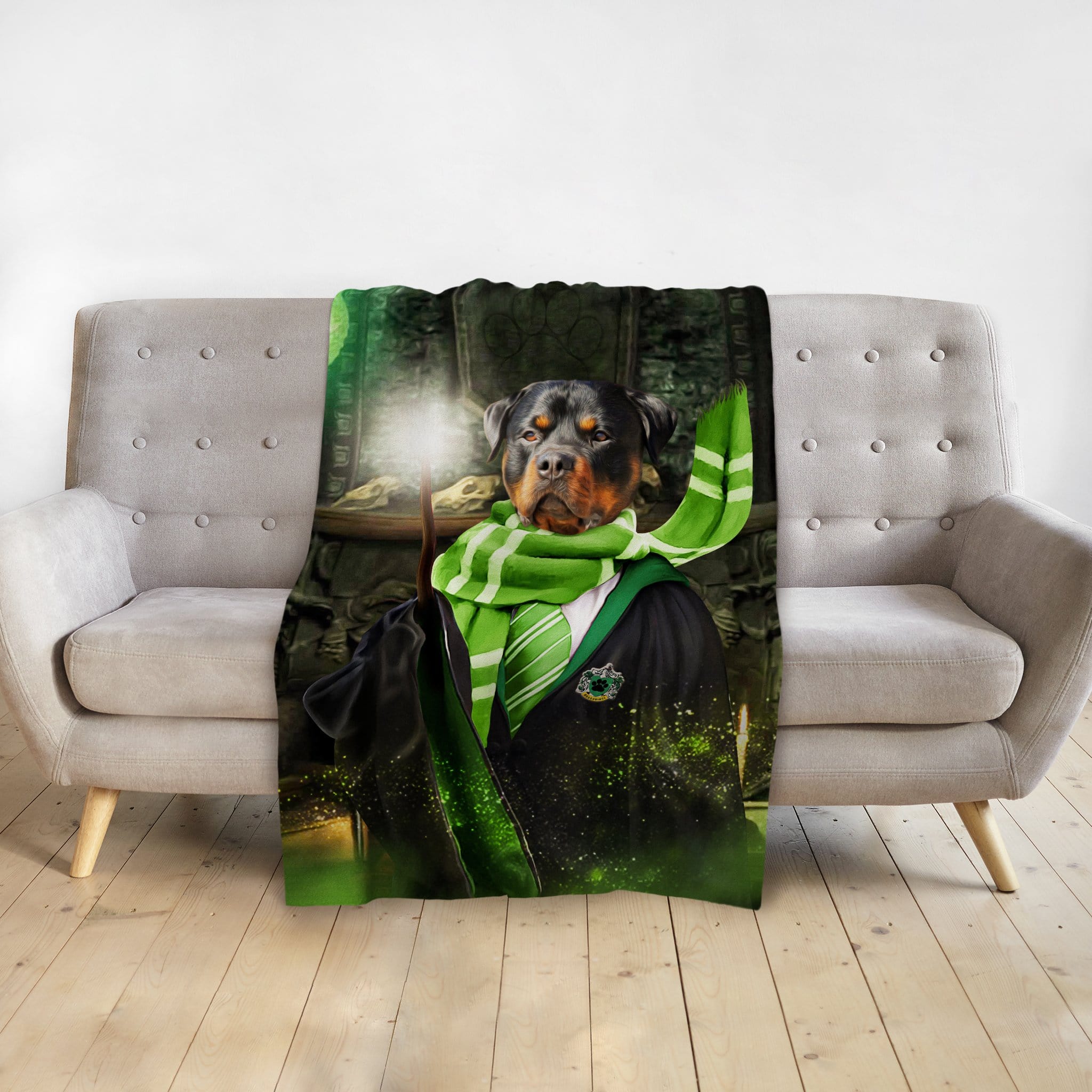 Personalized Rottweiler dog portrait blanket in a Slytherin wizard costume with a glowing wand.