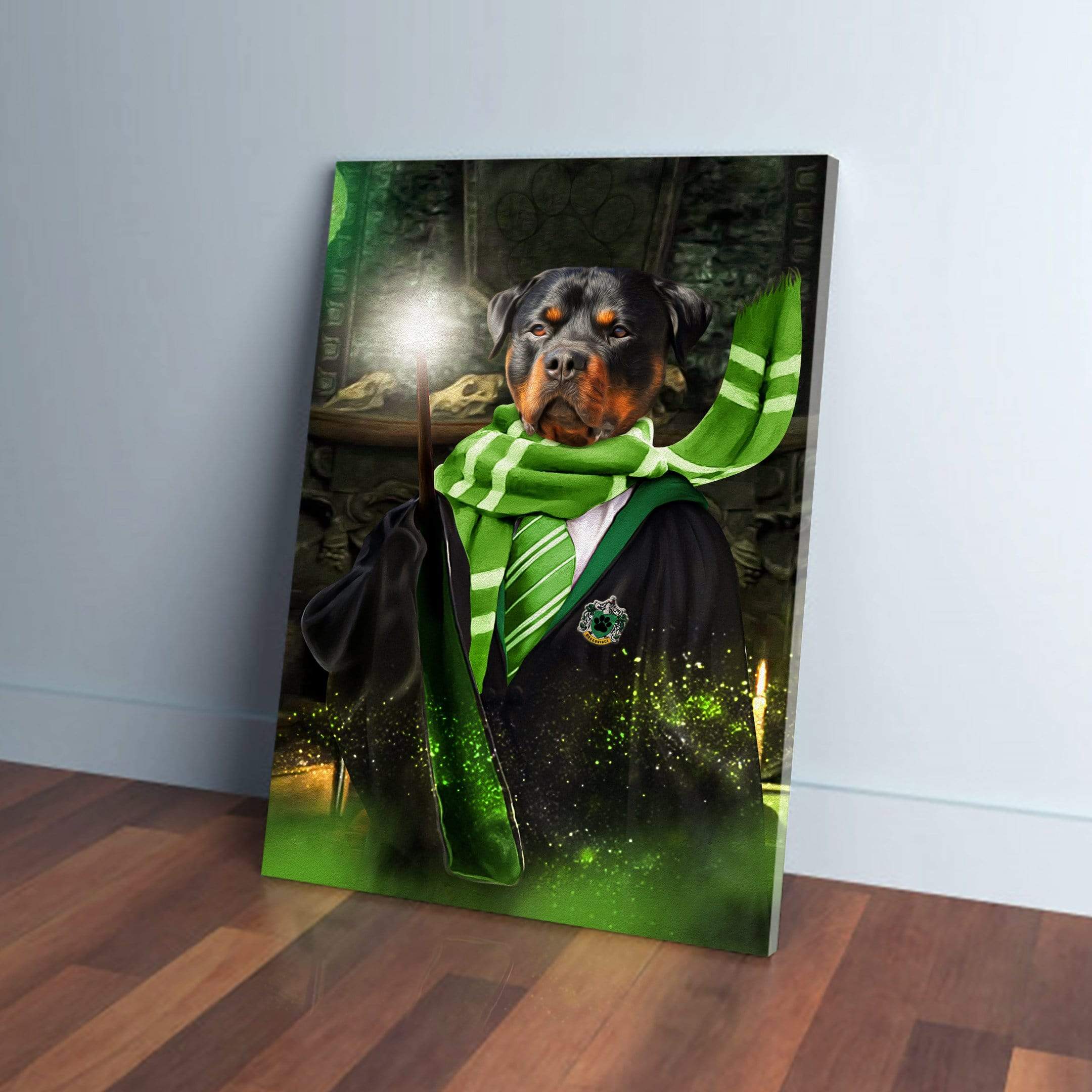 Personalized 'Harry Dogger (Slytherawr)' canvas featuring a Rottweiler in a green robe and scarf, holding a glowing wand.