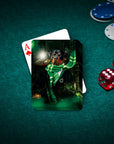 Personalized playing cards featuring a custom dog portrait in a green wizard robe and scarf.