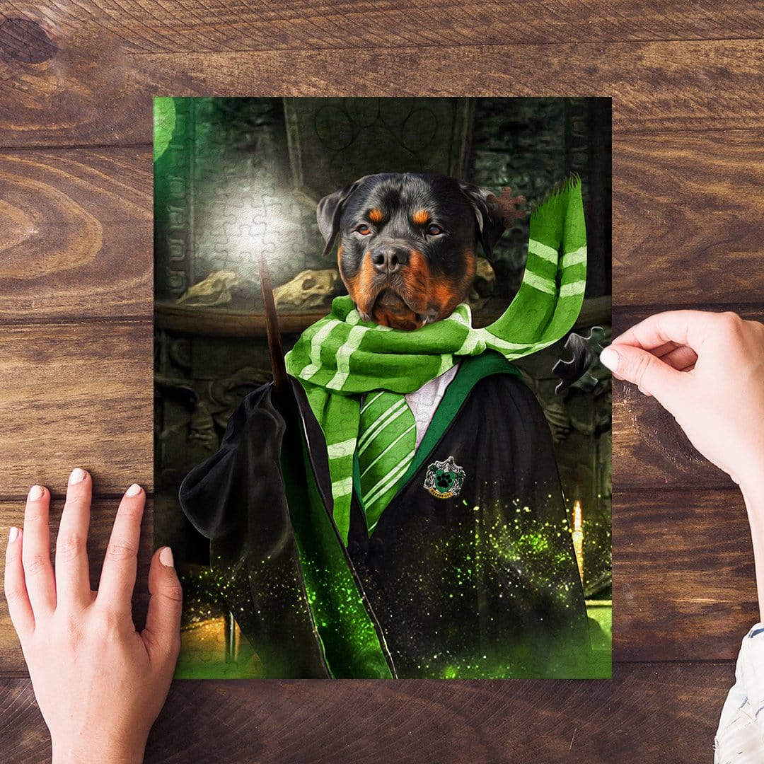 Personalized Harry Dogger (Slytherawr) pet puzzle featuring a Rottweiler in a green scarf and robe.