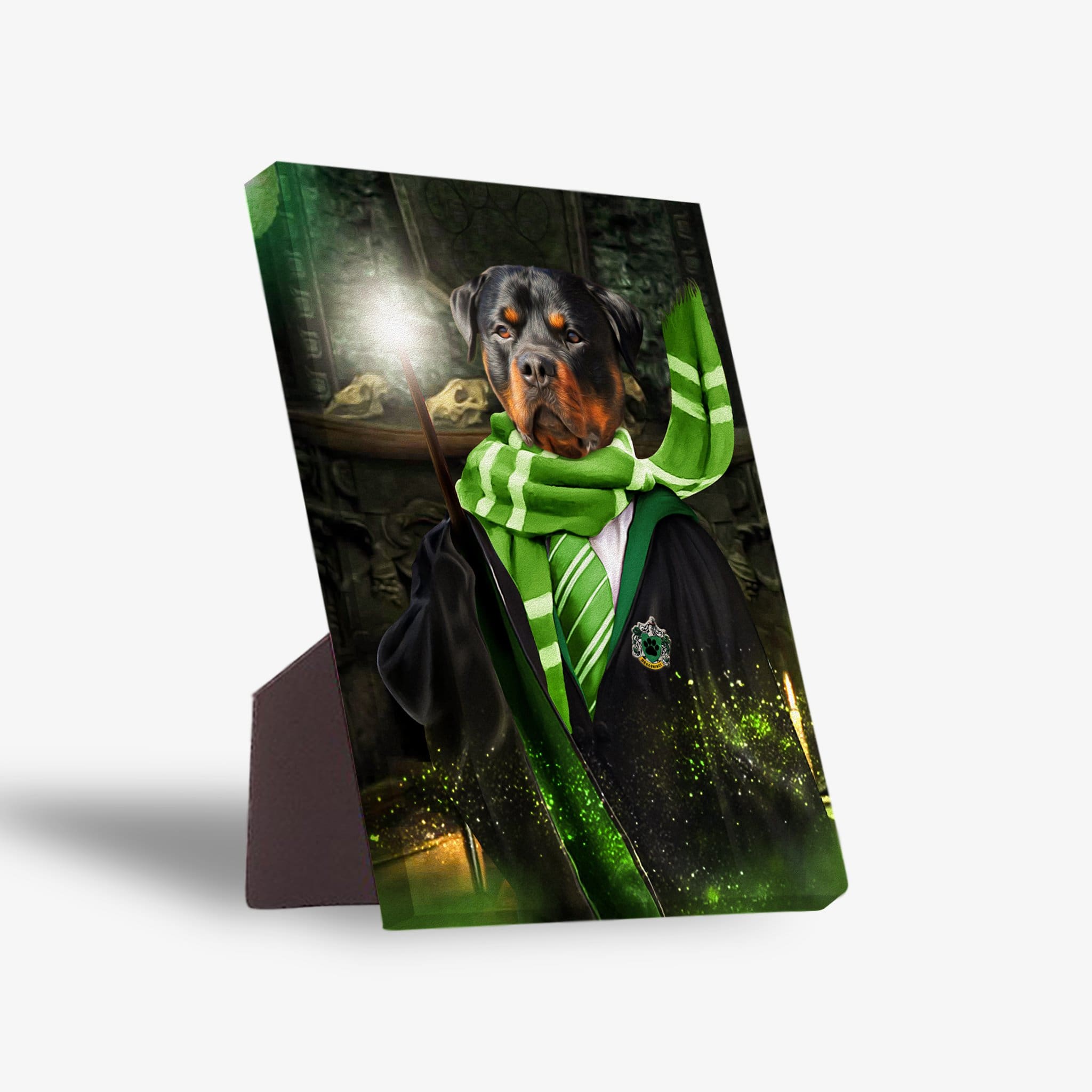 Personalized "Harry Dogger (Slytherawr)" pet canvas featuring a Rottweiler in a green scarf and robe.