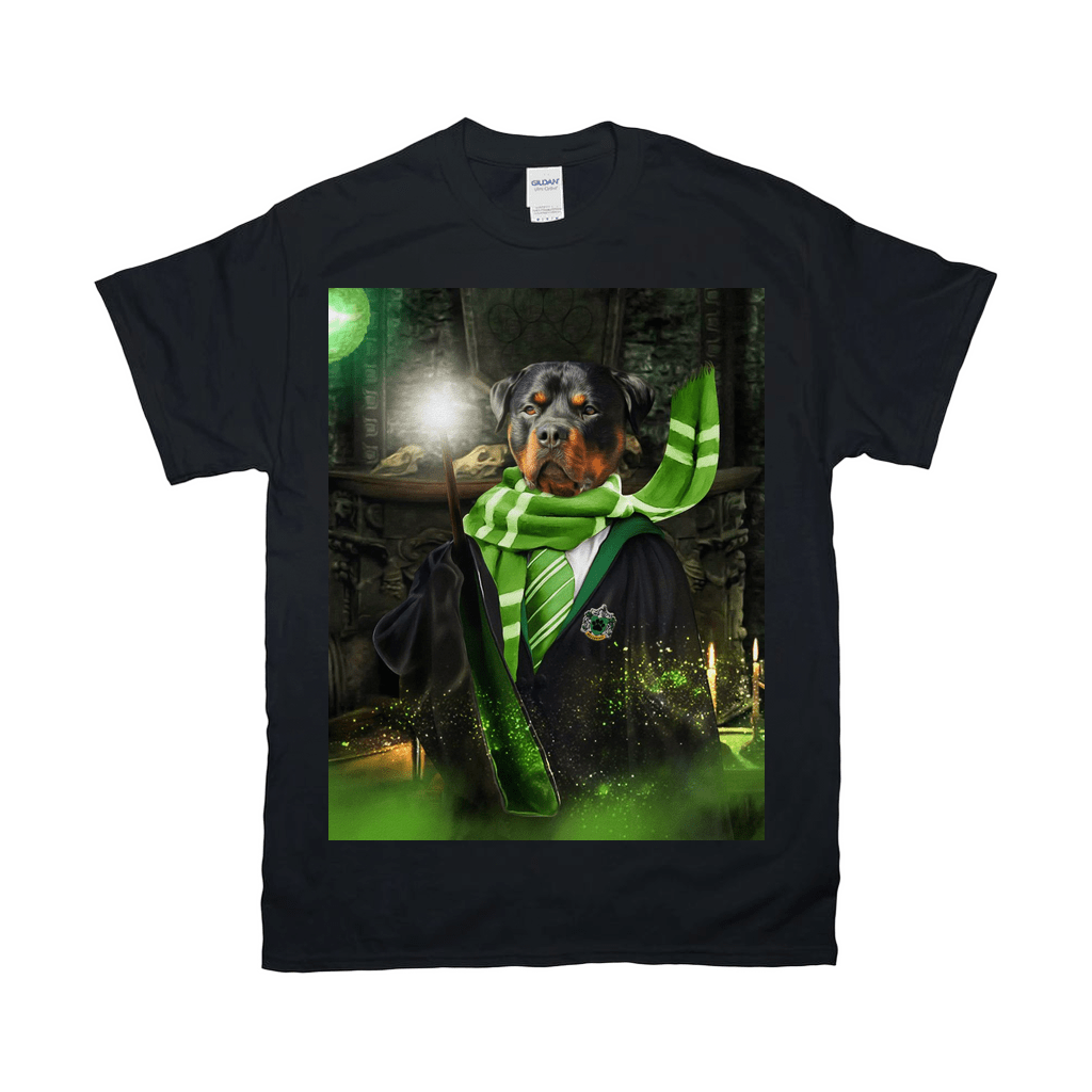Black Gildan t-shirt featuring a Rottweiler in a green Slytherin robe and scarf, holding a glowing wand.