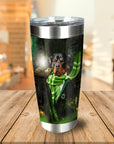 Personalized stainless steel tumbler with a Rottweiler pet portrait in a Slytherin wizard costume.