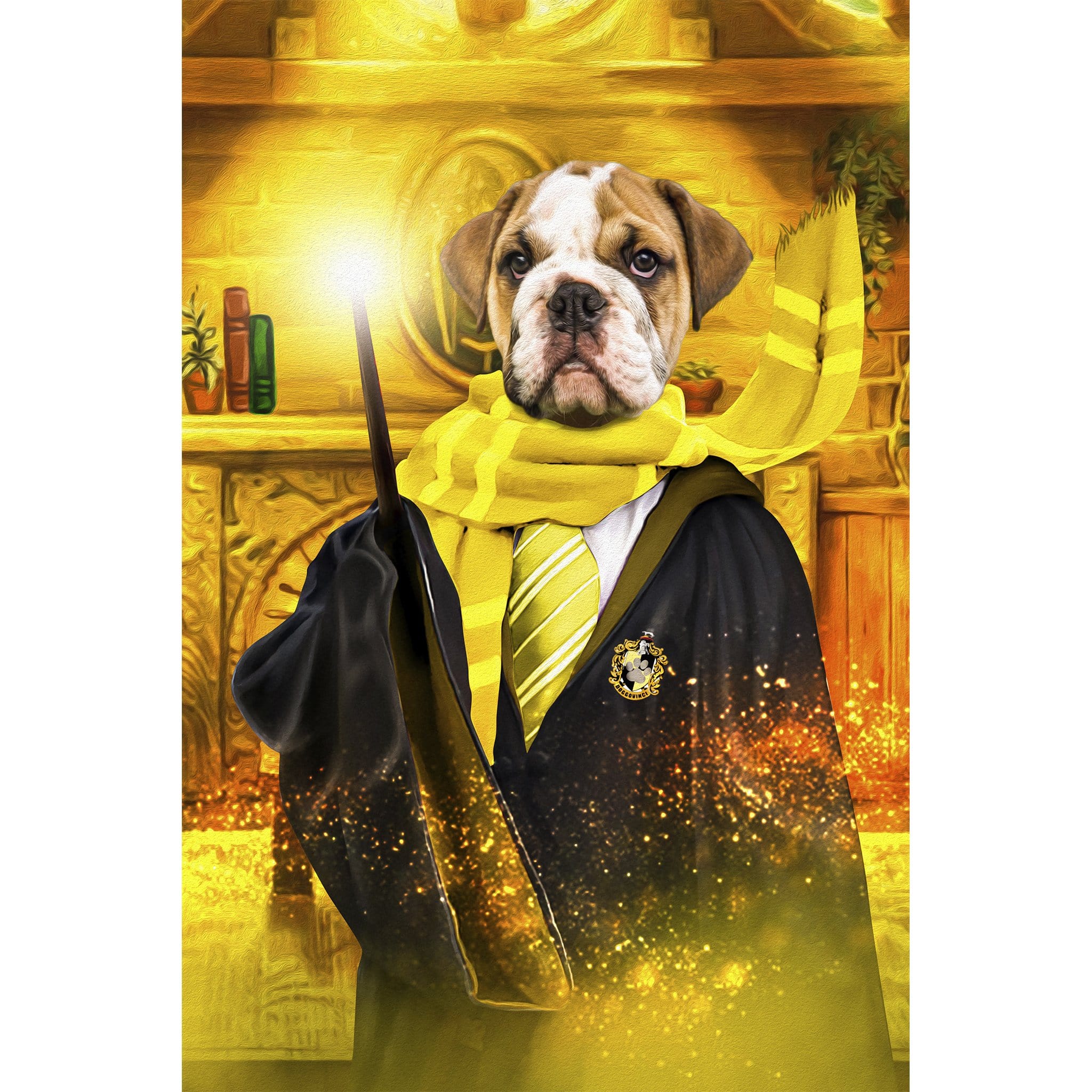 Personalized digital portrait of a bulldog as Harry Dogger in black robes and yellow scarf, holding a glowing wand.