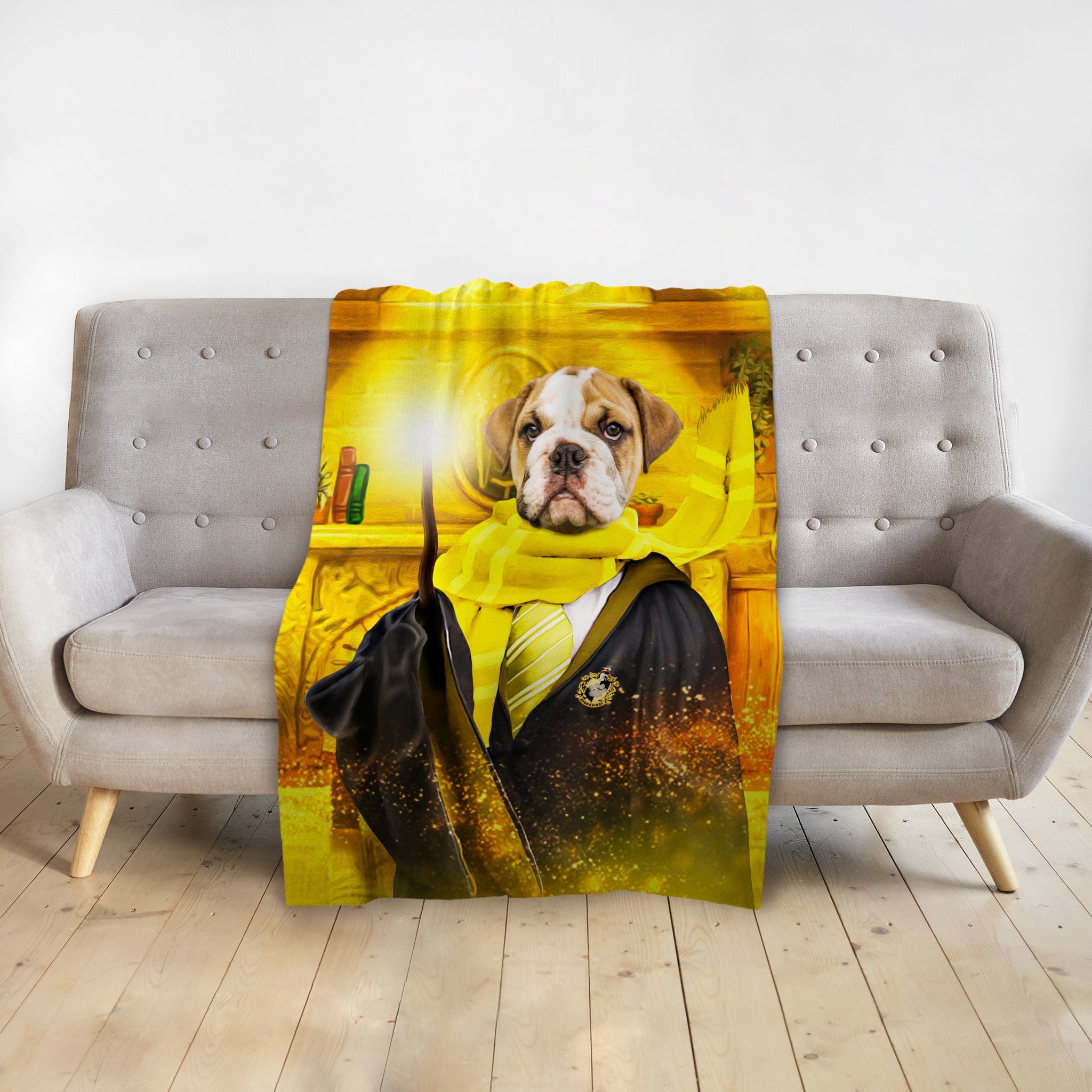 Personalized Harry Dogger Wooflepuff pet portrait blanket featuring a bulldog in a wizard robe.