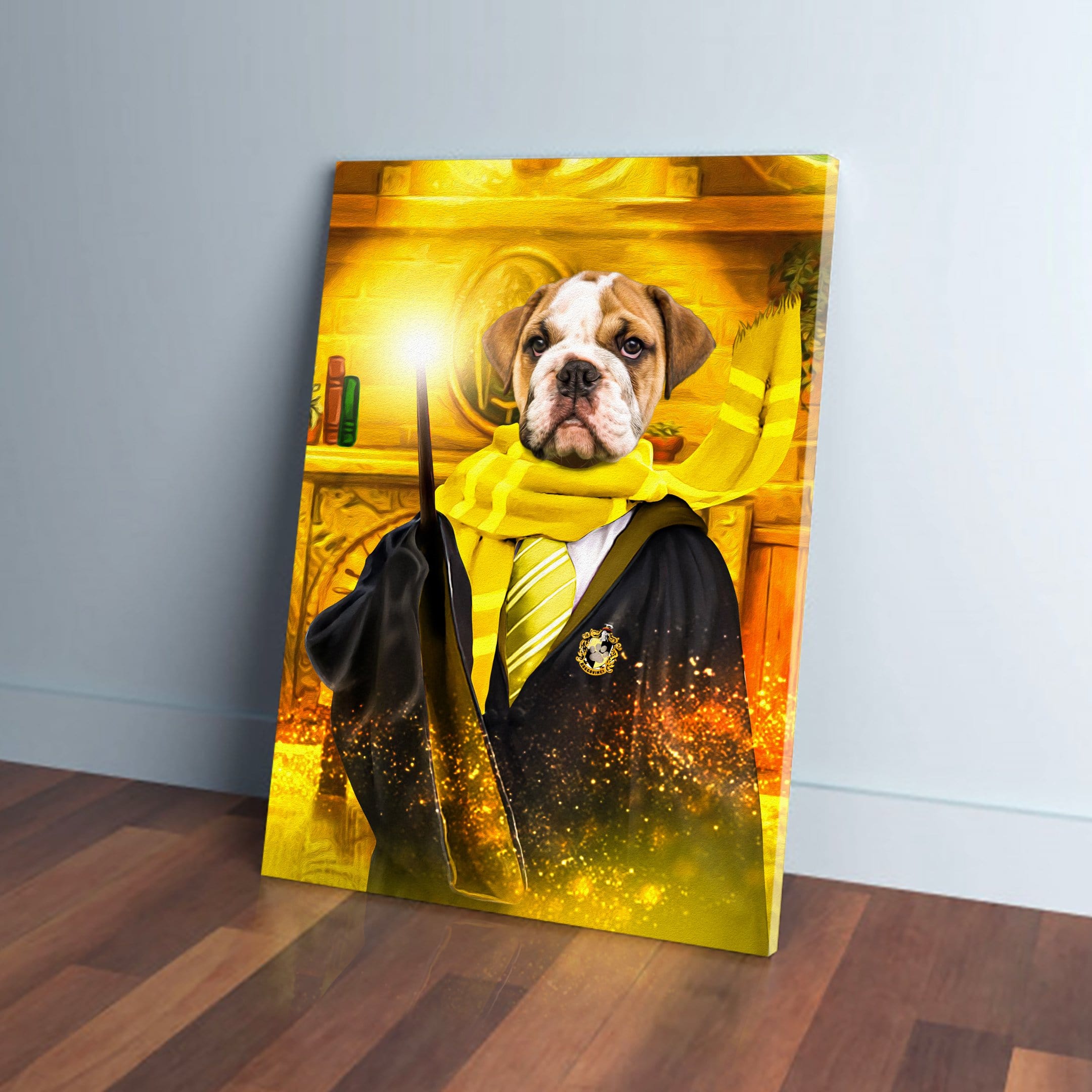 Personalized "Harry Dogger (Wooflepuff)" canvas featuring a bulldog in a black robe and yellow scarf, holding a glowing wand.
