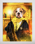 Personalized 'Harry Dogger (Wooflepuff)' pet poster featuring a bulldog in a black robe, yellow scarf, and tie, holding a glowing magic wand.
