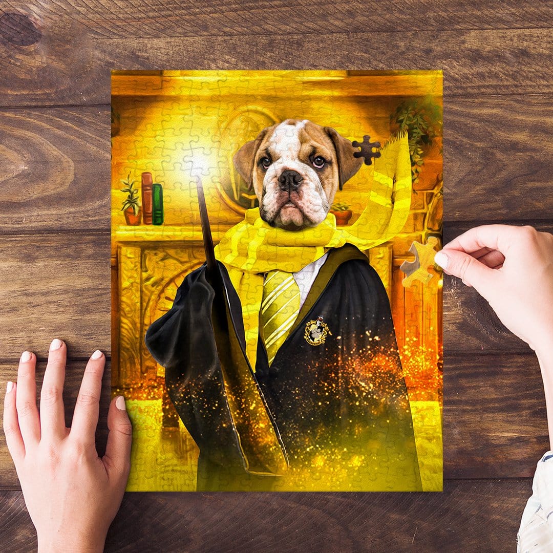 Personalized Harry Dogger (Wooflepuff) puzzle featuring a bulldog in a wizard robe.