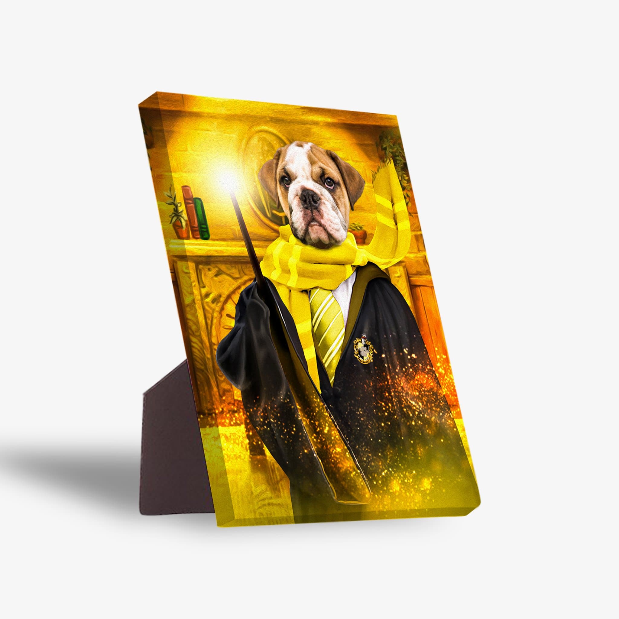 Personalized bulldog pet portrait on a standing canvas, dressed in a black and yellow wizard robe with a wand.