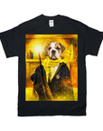 Black Gildan t-shirt with a bulldog in a wizard robe, yellow scarf, and tie, holding a glowing wand.