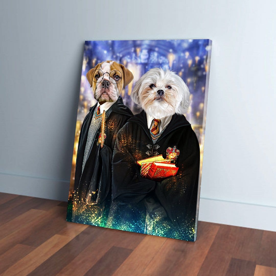 Personalized 'Harry Doggers 2' canvas featuring two pets dressed in wizard robes against a magical backdrop.