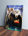 Personalized 'Harry Doggers 2' canvas featuring two pets dressed in wizard robes against a magical backdrop.
