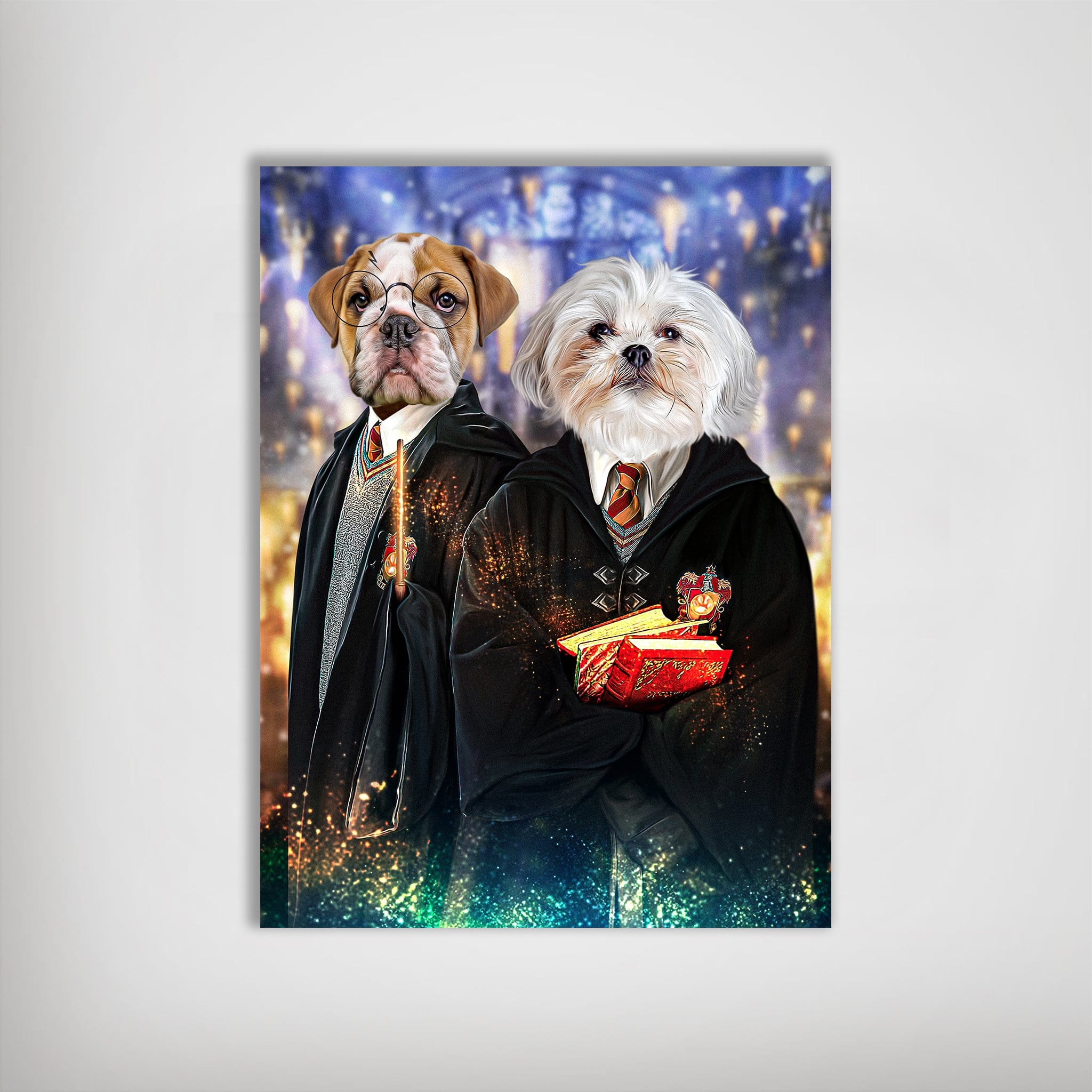 Personalized 'Harry Doggers 2' poster featuring two pets dressed in wizard robes, a bulldog with glasses and a white Maltese holding books, against a magical background.