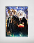 Personalized 'Harry Doggers 2' poster featuring two pets dressed in wizard robes, a bulldog with glasses and a white Maltese holding books, against a magical background.