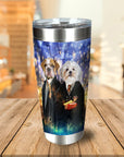 Personalized stainless steel tumbler with two dogs in wizard robes, "Harry Doggers 2" style.